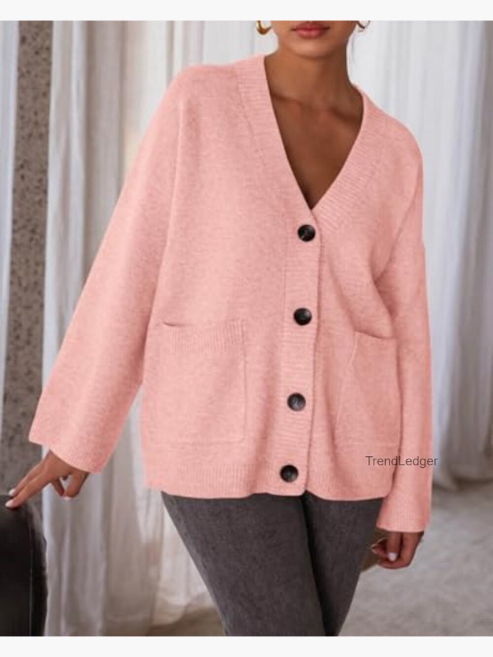Oversized Chunky Knit Cardigan with Pockets V-Neck Loose Fit Long Sleeve - Picture 5 of 7